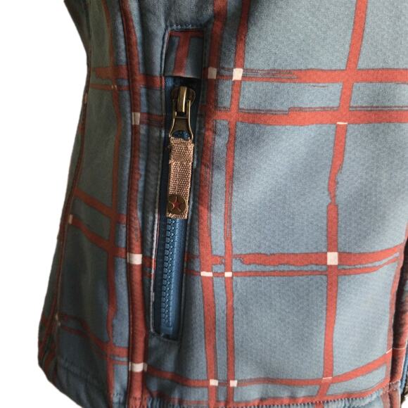 Twist Teal Red Abstract Plaid Vest Sz Med Fleece Lined Pockets Cabin Cottage SEE - Picture 3 of 9
